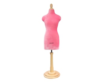 DL803 Half-Scale Mini Kleid Form rosa Samt Mannequin Miniatur Schneiderpuppe zum Nähen, Schmuckständer Halter Modell mit Holz