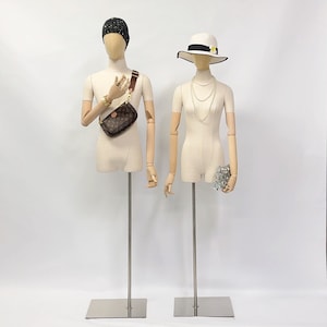 Linen Dress Form Mannequin: Wooden Arms, Silver Base