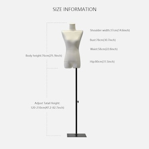 May include: A cream-coloured dress form with size information. The form has a shoulder width of 37cm, a bust of 78cm, a waist of 58cm, and a hip of 80cm. The body height is 76cm. The adjustable total height ranges from 120cm to 210cm.