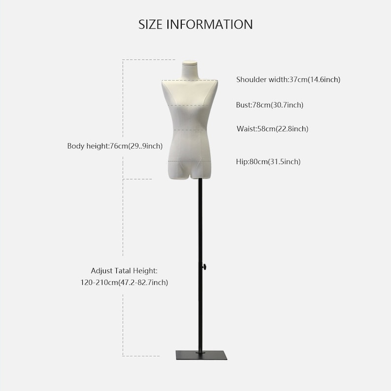 May include: A cream-coloured dress form with size information. The form has a shoulder width of 37cm, a bust of 78cm, a waist of 58cm, and a hip of 80cm. The body height is 76cm. The adjustable total height ranges from 120cm to 210cm.