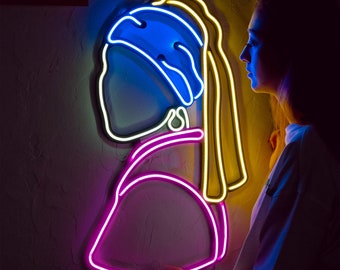 Meisje Neon Wall Art - Neon Wall decor, Neon Wall Sign, Home Decor, Led licht, Neon Sign, kunst schilderij, Meisje met de parel, Hoagard
