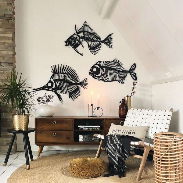 Arte de pared de metal de espinas de pescado, arte de pared de pescado de metal, decoración de pared de baño, colgante de pared de pescado, letrero de pared de pescado, arte de baño, arte de pared de metal, decoración del mar