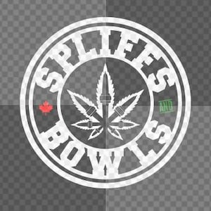 May include: White circle logo with the words "SPIFFS AND BOWLS" around the edge. Inside the circle is a stylized marijuana leaf with three rolling papers and a Canadian flag.