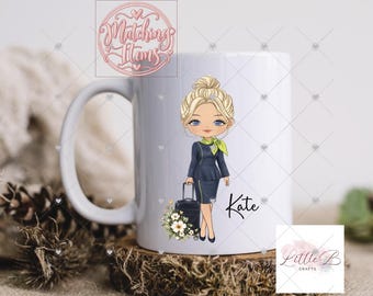 Personalised Cabin Crew Ceramic Mug, Custom Name,  Gift for Aviation Staff , Navy uniform with Red Scarf