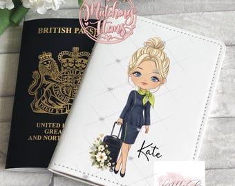 Personalised Cabin Crew Passport Cover, Flight Attendant Gift, Custom Airline Gift, Aviation Passport Holder, Wings Gift