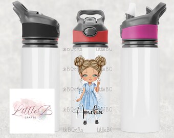 May include: Three white water bottles with different colored lids and a cartoon girl with brown hair and a blue dress on one of the bottles. The girl is holding up one finger and the text "Amelia" is below her. The text "Little B Crafts" is on the bottom of the bottle.
