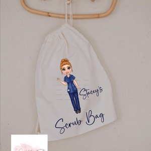 May include: White canvas drawstring bag featuring a cartoon illustration of a female nurse in a blue uniform. The bag is printed with the text "Stacey's Scrub Bag".