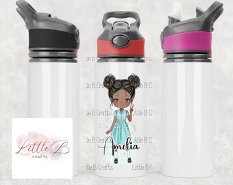 May include: Three white stainless steel water bottles with black lids and colorful accents. The center bottle features a cartoon illustration of a young girl with brown skin and black hair wearing a blue dress. The girl's name, Amelia, is written below the illustration. The bottles are a popular choice for kids and adults.