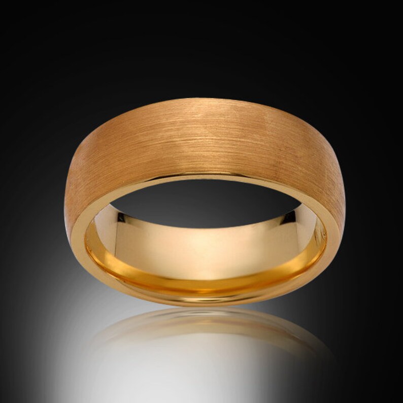 Wedding Bands For Men 8mm Yellow Gold Ring Comfort Fit Brushed Yellow Gold Tungsten Ring