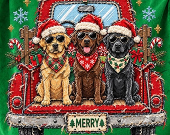 May include: A green sweatshirt featuring a graphic of three dogs wearing Santa hats and sunglasses sitting in the back of a red pickup truck. The dogs are a golden retriever, a chocolate lab, and a black lab. The truck bed has the text MERRY.