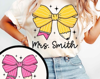 Teacher Pencil Bow PNG, Personalized Sublimation Design Digital Download, Cute Back to School Shirt Graphic Custom Name Classroom Gift Png