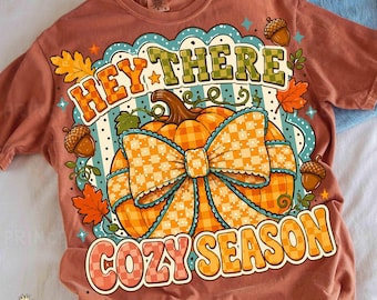 May include: A terracotta-colored t-shirt featuring a graphic of a pumpkin with a large checkered bow. The design includes autumn leaves, acorns, and the text HEY THERE COZY SEASON in a bold, checkered font against a scalloped background.