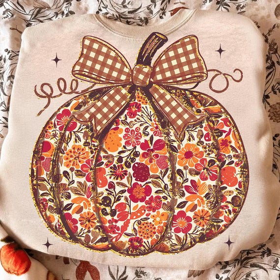 Floral Pumpkin PNG Fall Sublimation Design Gingham Bow Autumn Clipart Rustic Farmhouse Thanksgiving Digital Download Png
