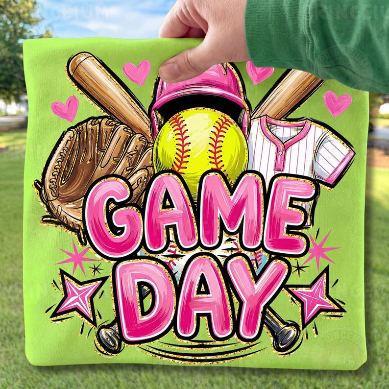 May include: A lime green square cushion featuring a softball design. The image includes a yellow softball, pink helmet, baseball bat, glove, and the words "GAME DAY" in pink. Pink hearts and stars complete the design.