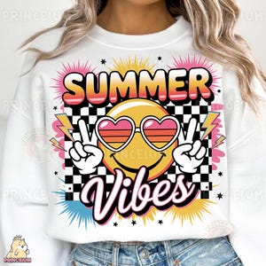 Design di sublimazione Summer Vibes, PNG Smiley retrò, file digitale estetico a scacchi, sublimazione Y2K anni '90, PNG emoji segno di pace