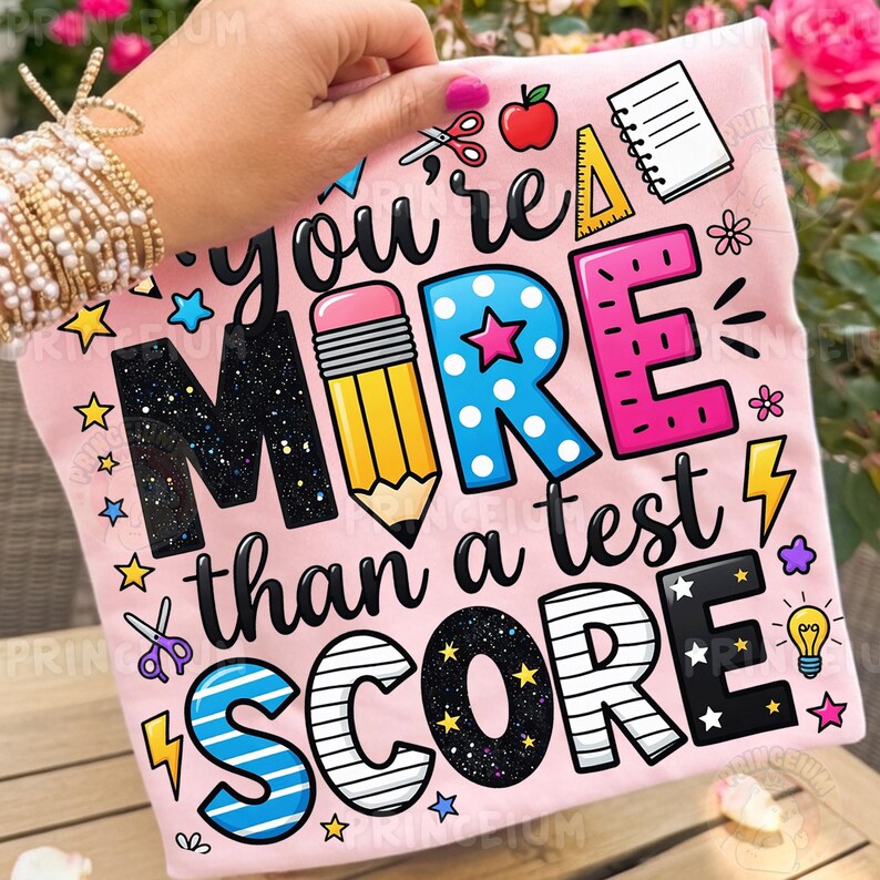 Puede incluir: Camiseta rosa claro con el texto "You're MORE than a test SCORE" en un dise&ntilde;o colorido y juguet&oacute;n. El dise&ntilde;o incluye un l&aacute;piz, estrellas y otros gr&aacute;ficos escolares.
