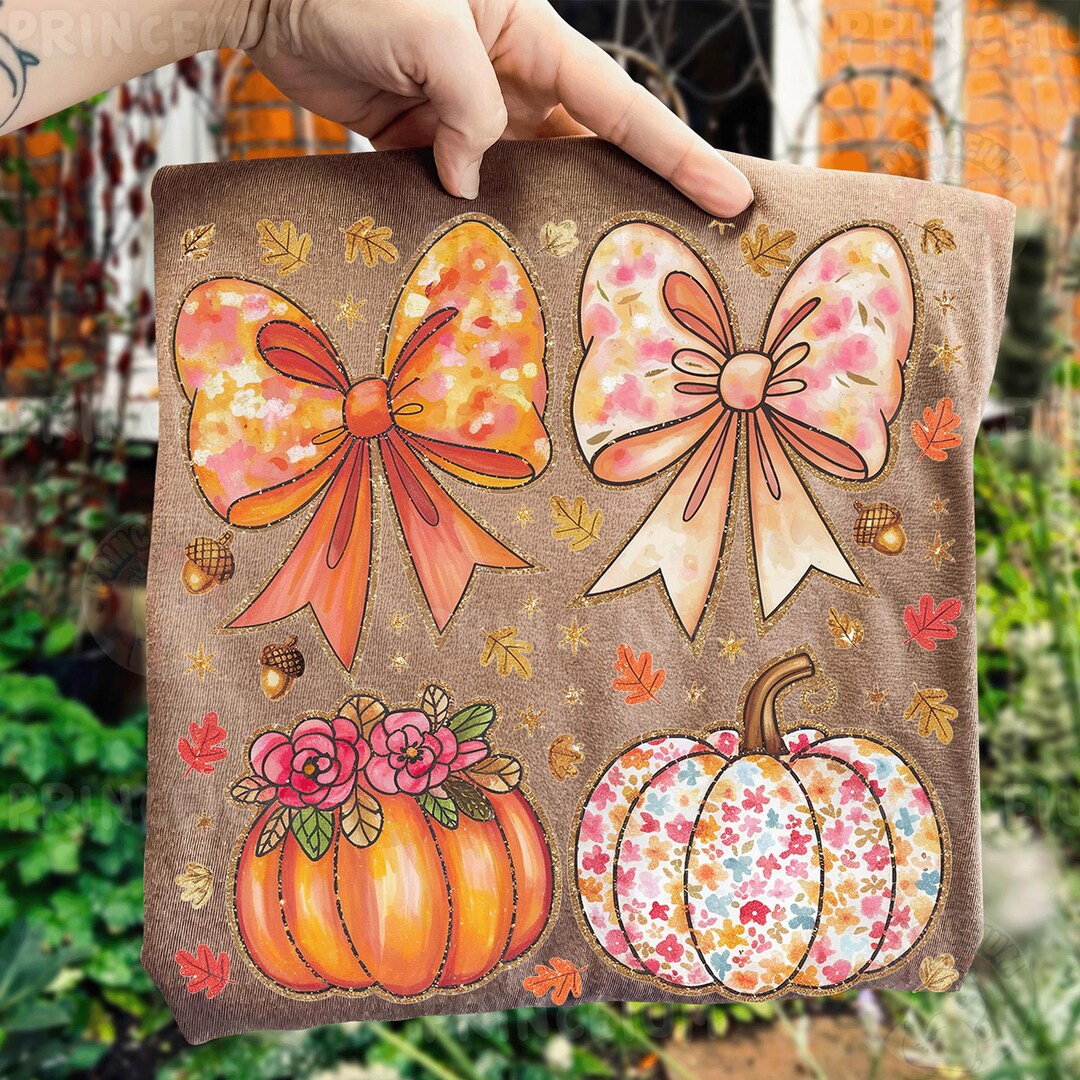 Fall Bows and Pumpkins PNG, Floral Autumn Sublimation Design, Cute ...