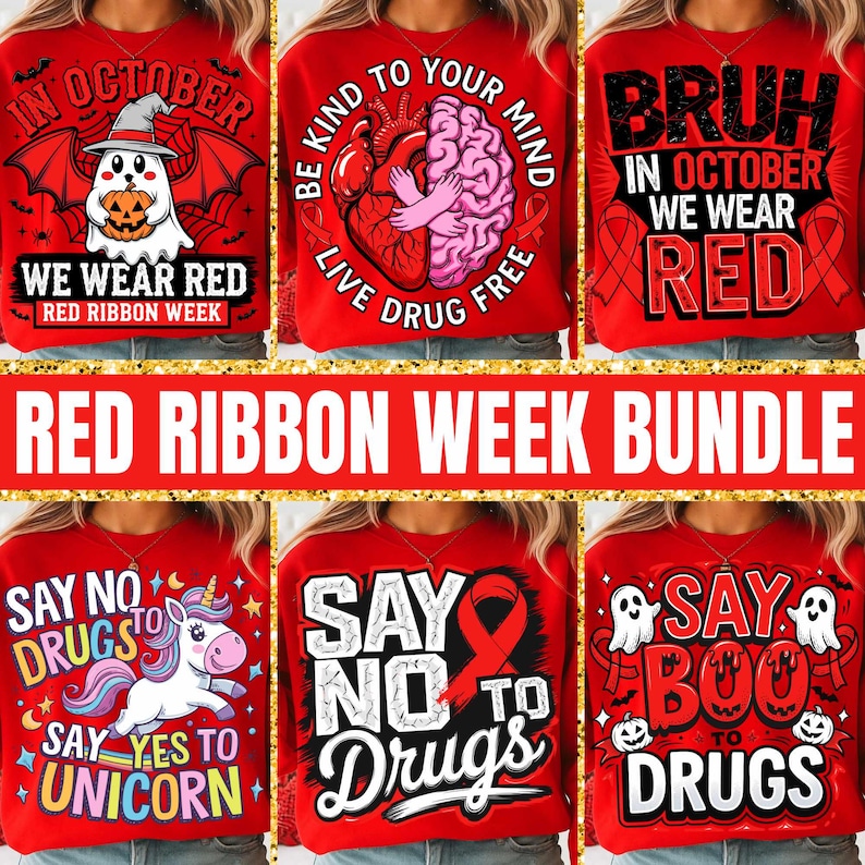 May include: A collection of red sweatshirts with various graphic designs and text. Designs include a ghost with a pumpkin, a heart and brain, and the phrase "Bruh in October we wear red." The sweatshirts are part of a Red Ribbon Week bundle.