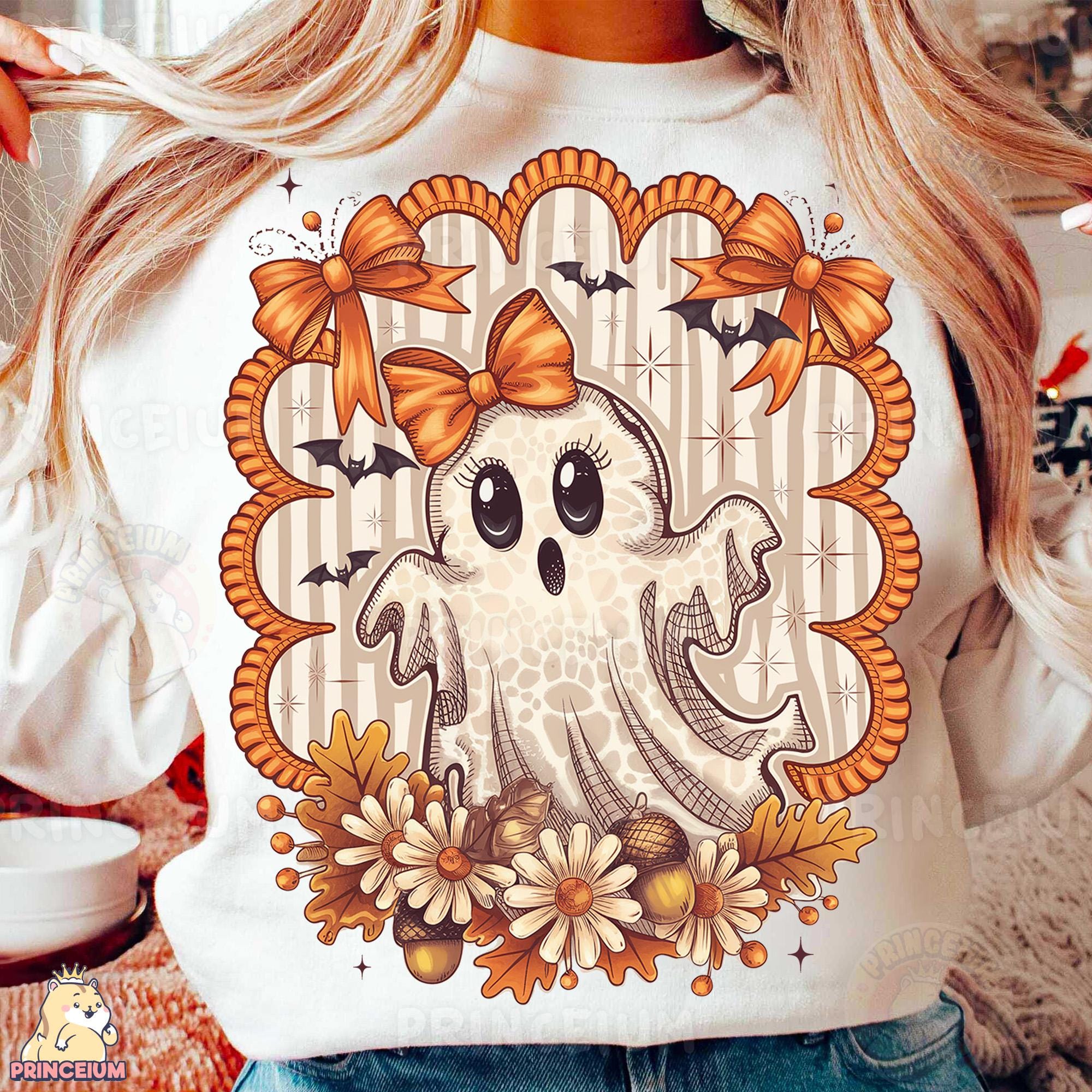 Cute Ghost PNG, Fall Halloween Sublimation Design With Bows and Flowers ...