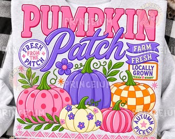 Pumpkin Patch Png, Preppy Fall Pumpkin Png, Pink Purple Pumpkins, Farm Fresh Autumn, Fall Sublimation Design, Digital Download