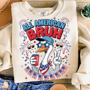 All American Bruh Duck sublimatieontwerp, grappige 4 juli png, Patriotic Goose digitaal bestand voor T-shirt, USA vuurwerk clipart png