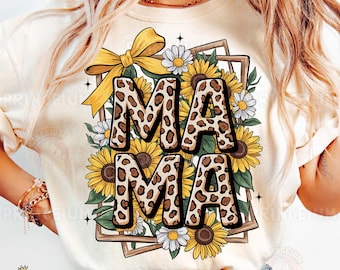 Mama Leopardenmuster PNG, Sonnenblume Sublimationsdesign, Digitale Datei zum Muttertag, Blumen Mama Shirt PNG, Gelbe Schleife Clipart Printable