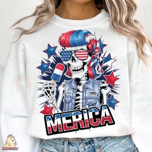 Amerika patriottisch skelet sublimatie ontwerp, 4 juli digitaal bestand, rood wit blauwe schedel PNG, grappige USA zomershirt afbeelding