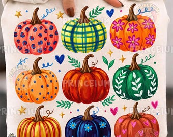 Colorful Fall Pumpkins PNG, Autumn Pumpkin Clipart, Floral Plaid Leopard Pumpkins, Harvest Decor, Sublimation, Digital Download