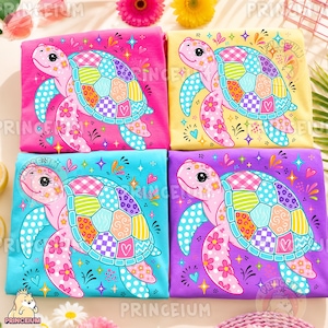 May include: Four colorful t-shirts, each featuring a cartoon turtle design. The turtles have patchwork shells in various colors and patterns, with pink bodies and floral accents. The shirts are on pink, yellow, blue, and purple backgrounds.