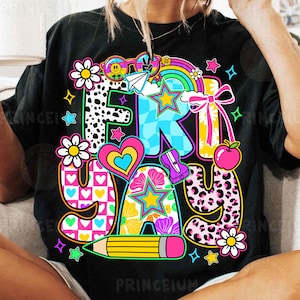FriYay png, kleurrijk sublimatieontwerp leraar, leuk vrijdag digitaal bestand, retro schoolshirt png, luipaard regenboogpotlood clipart