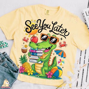 Do zobaczenia później Aligator PNG Cyfrowe pobieranie Zabawny letni projekt sublimacji z książkami Okulary przeciwsłoneczne i motyw plażowy dla dzieci lub nauczycieli Png