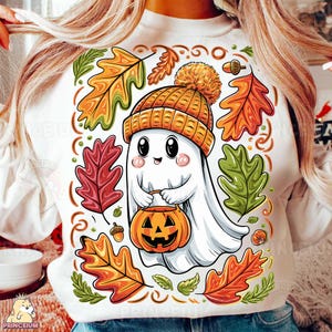 Cute Ghost Fall PNG, Autumn Ghost Sublimation, Pumpkin Trick or Treat Clipart, Halloween Cozy Ghost Design, Digital Download