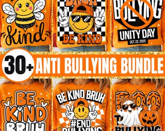 Más de 30 diseños PNG antibullying para sublimación del Día de la Unidad Naranja. Sé amable, detén el bullying. Aplasta el bullying. Amabilidad. Concientización. Digital.