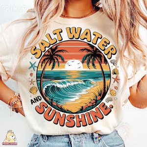 Salt Water and Sunshine Sublimation, Retro Beach PNG, Summer Vacation Digital File, Tropical Waves Shirt Design, Ocean Sunset Sublimation