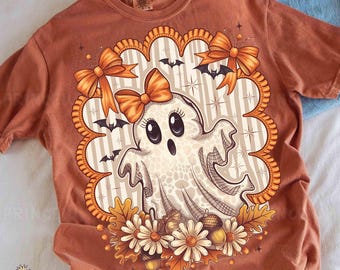 Cute Ghost PNG, Fall Halloween Sublimation Design with Bows and Flowers, Girly Spooky Season Clipart, Digital Download for Shirts