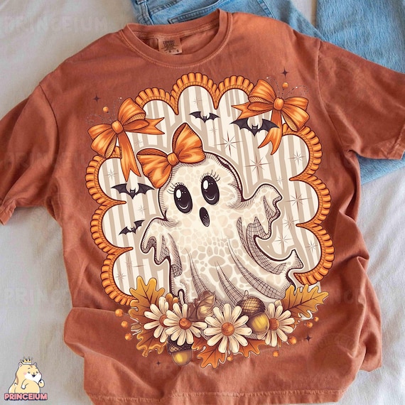 Cute Ghost PNG, Fall Halloween Sublimation Design with Bows and Flowers, Girly Spooky Season Clipart, Digital Download for Shirts