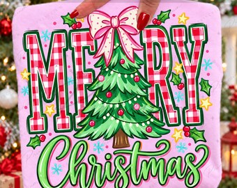 Merry Christmas Png, Preppy Christmas Tree Png, Coquette Pink Bow, Red Gingham Lettering, Retro Holiday Design, Christmas Sublimation