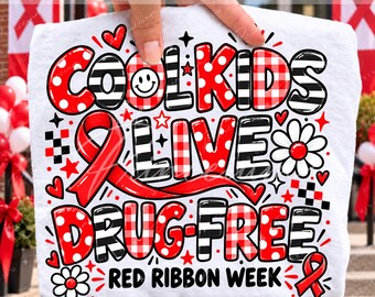 Cool Kids Live Drug Free Png, Red Ribbon Week Png, Preppy Drug Free School Design, Checkered Smiley Face, Teacher Sublimation