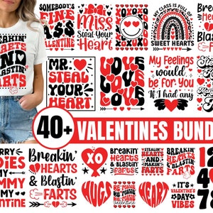May include: A digital download of 40+ Valentine's Day themed graphic designs. The designs feature red and black text with hearts and arrows. Some of the designs include phrases like "Breakin' Hearts and Blastin' Farts", "Steal Your Heart", and "Love You Love".