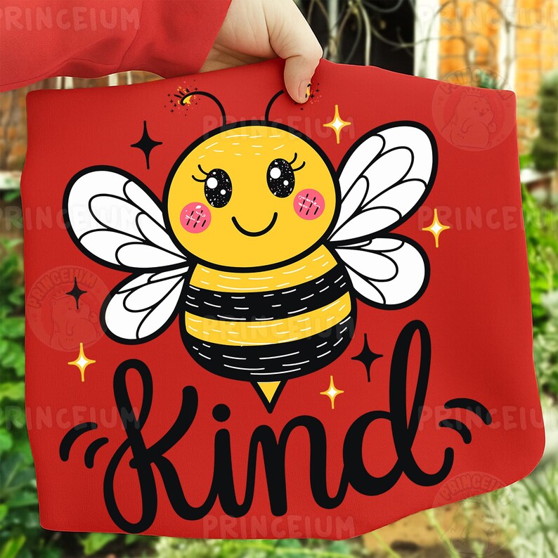 May include: Red tote bag featuring a cartoon bee with a yellow body, black stripes, and white wings. The word "Kind" is written in black script below the bee, with star accents. The bag is held by a person.