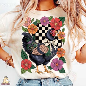 Disegno di sublimazione di pollo floreale, PNG di gallina vintage, file digitale di animali da fattoria, clipart di sfondo a scacchi, fiocco country chic PNG