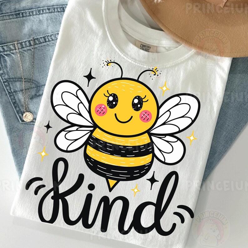 May include: White t-shirt featuring a cartoon bee with a yellow body, black stripes, and white wings. The word "Kind" is written in black script below the bee. The shirt is paired with blue jeans and a necklace.