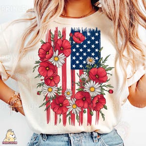 Florale Sublimationsdesign der amerikanischen Flagge, Patriotische Mohnblume PNG, Digitale Datei der USA Flagge, 4. Juli Shirt Design, Rot, Weiß, Blaue Blumen