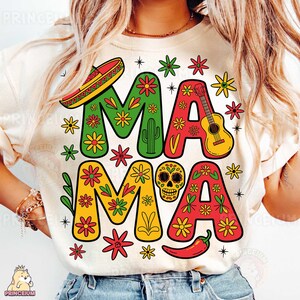 Fiesta Mama-sublimatieontwerp, Mexicaanse bloemen digitaal bestand, kleurrijke sombrero-gitaar PNG, Cinco de Mayo-shirtkunst, leuke mama-clipart