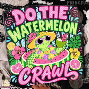 May include: Black graphic tee with a colorful design. The design features a cartoon turtle wearing sunglasses and a straw hat, floating in a watermelon-shaped floatie. Text reads "Do the Watermelon Crawl."