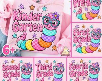 May include: A light pink sweatshirt featuring a graphic of a colorful checkered worm wearing teal glasses and a purple flower, with the text Kinder Garten. Additional graphics show Pre-K, First, Second, Third, and Fourth Grade variations.