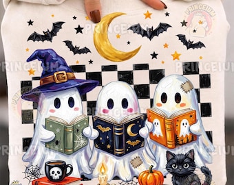 Ghost Reading Books PNG, Halloween Ghost Png, Spooky Bookish Ghost, Black Cat Pumpkin, Witch Hat, Checkered Coquette, Digital Download