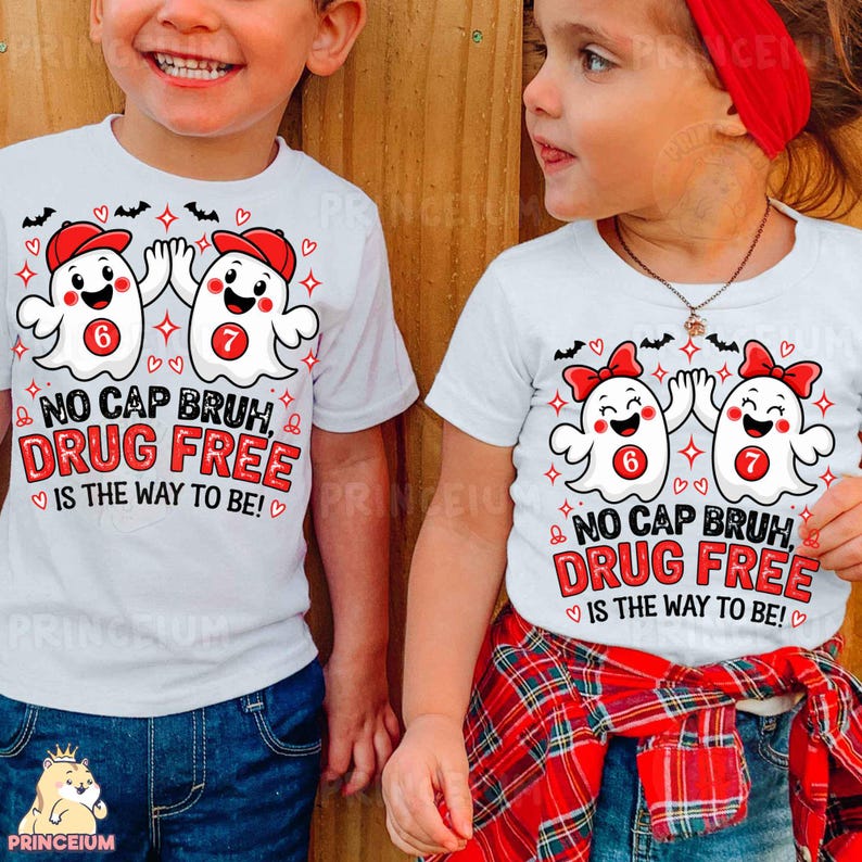 May include: Two white t-shirts featuring a graphic of two cartoon ghosts wearing red caps and bows. The ghosts have the numbers 6 and 7 on their chests. The text reads: NO CAP BRUH, DRUG FREE IS THE WAY TO BE! The design includes small bats and hearts.