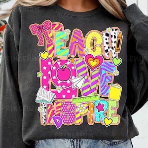 Teach Love Inspire sublimatieontwerp, heldere leraar png, digitaal bestand terug naar school, leuk leraarshirt afdrukbare download png, liefde png