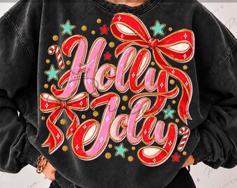 Holly Jolly Png, Preppy Christmas Png, Pink And Red Coquette Bows, Glitter Script Lettering, Candy Cane Holiday Sublimation
